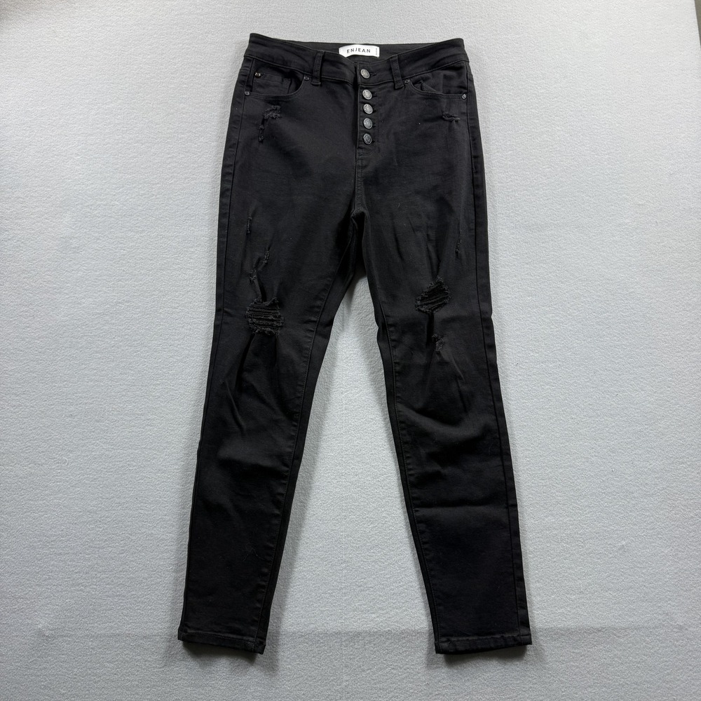Enjean Skinny‎ Jeans Juniors 9/29 Black Dark Wash Distressed Stretch Denim 29x26
